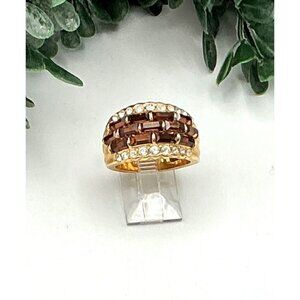 Vintage Style Gold-Tone Band Ring With Brown & Clear Rhinestones